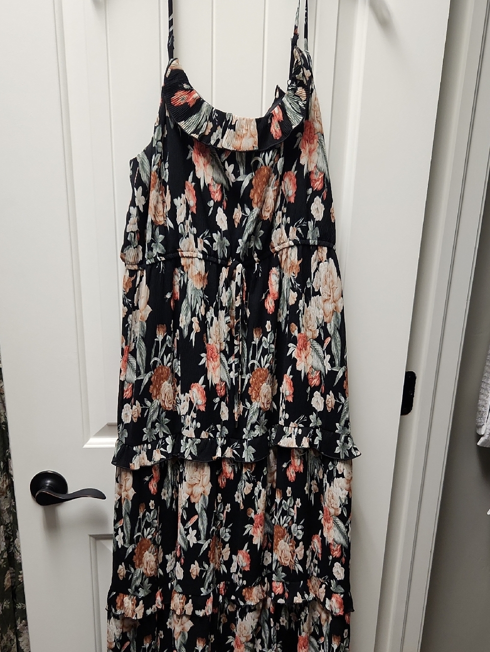 Forever 21 Black Floral Ruffled Neck Maxi